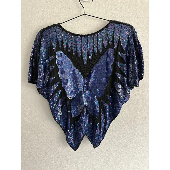 Vintage 70s/80s BUTTERFLY Bluish purple sequin and beaded cape blouse top Sz M - Picture 11 of 15